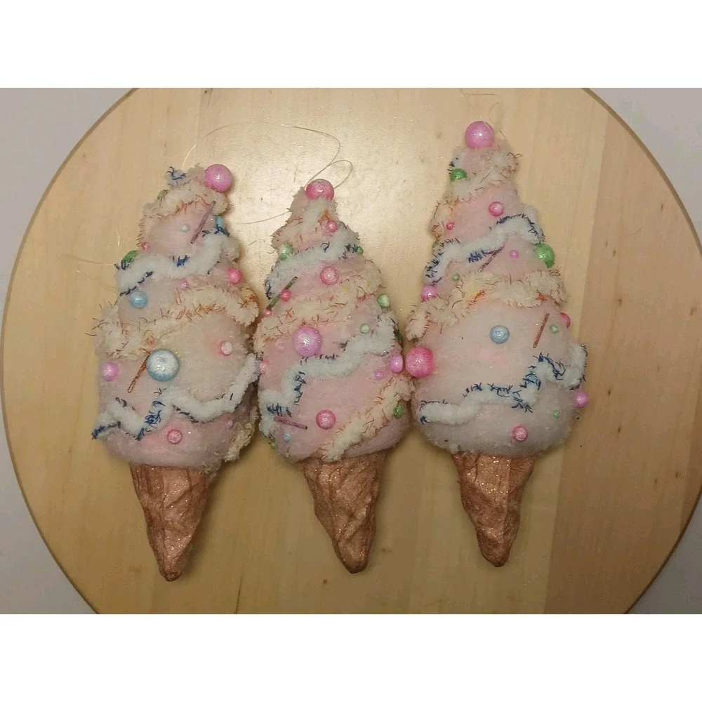 Lot of 3 Pink Ice Cream Ornaments Pastel Christmas Candy Land Tree Decorations